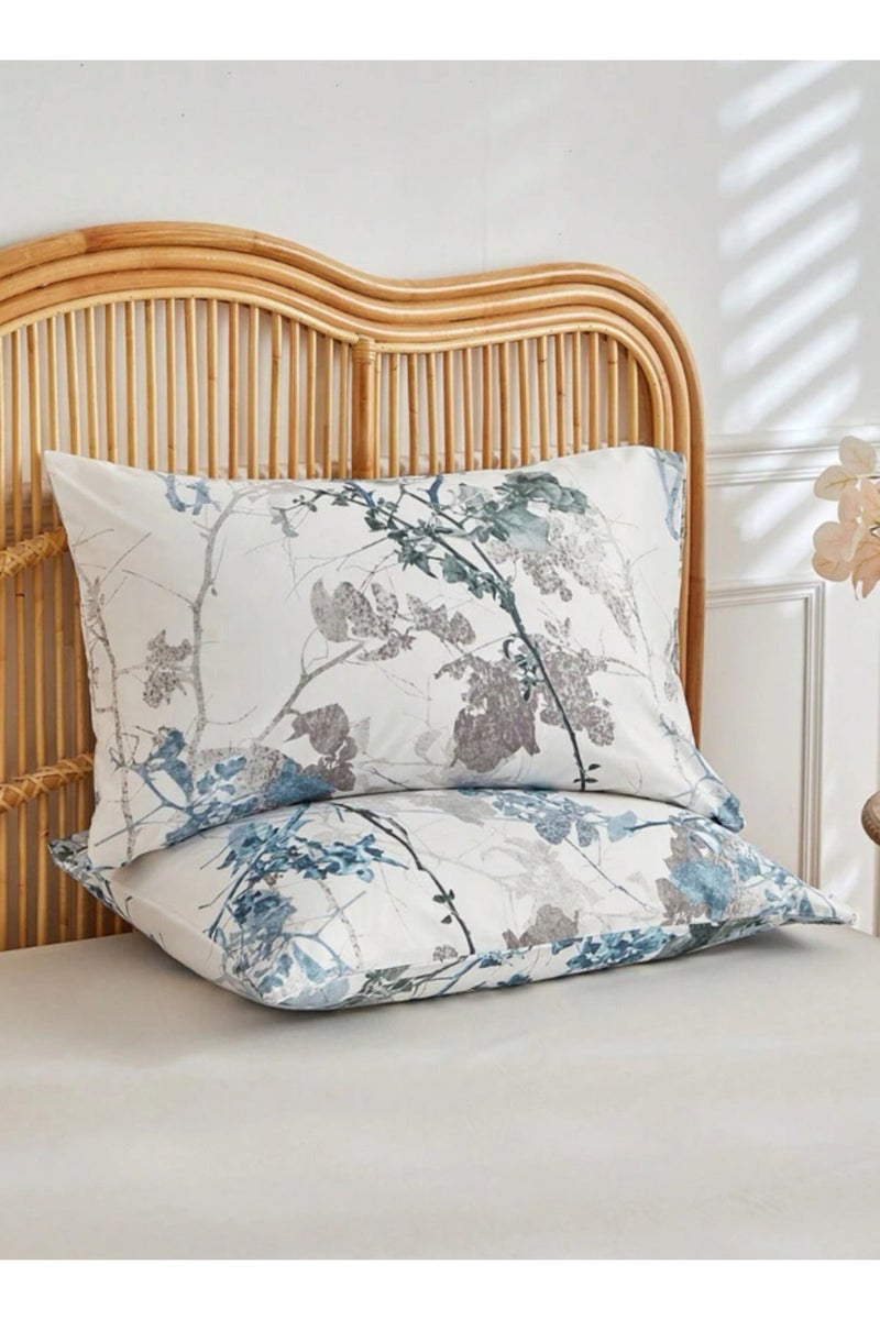 LUNA Home Queen size 6 pieces set: 1 Duvet cover - 200*230cm.; 1 Flat sheet - 230*250cm.; 4 Pillow covers - 50*75cm. Bedding set, blue with grey Leaves. - Image 3